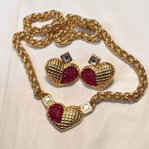 Goldtone Red Heart Necklace Pierced Earring